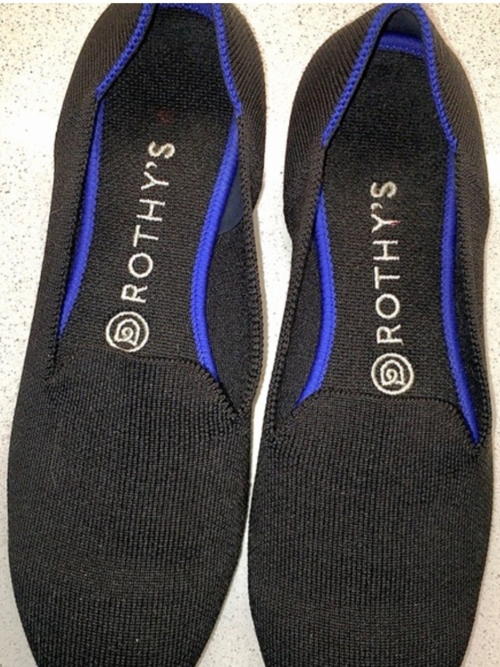 Rothy's Black Knit Slip-On Loafers with Blue Trim